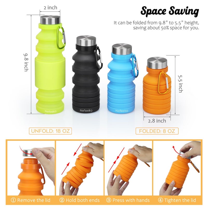 Nefeeko Collapsible Water Bottle, 18floz Reuseable BPA Free Silicone Foldable Water Bottles for Travel Gym Camping Hiking, Portable Leak Proof Sports Water Bottle with Carabiner - Image 2
